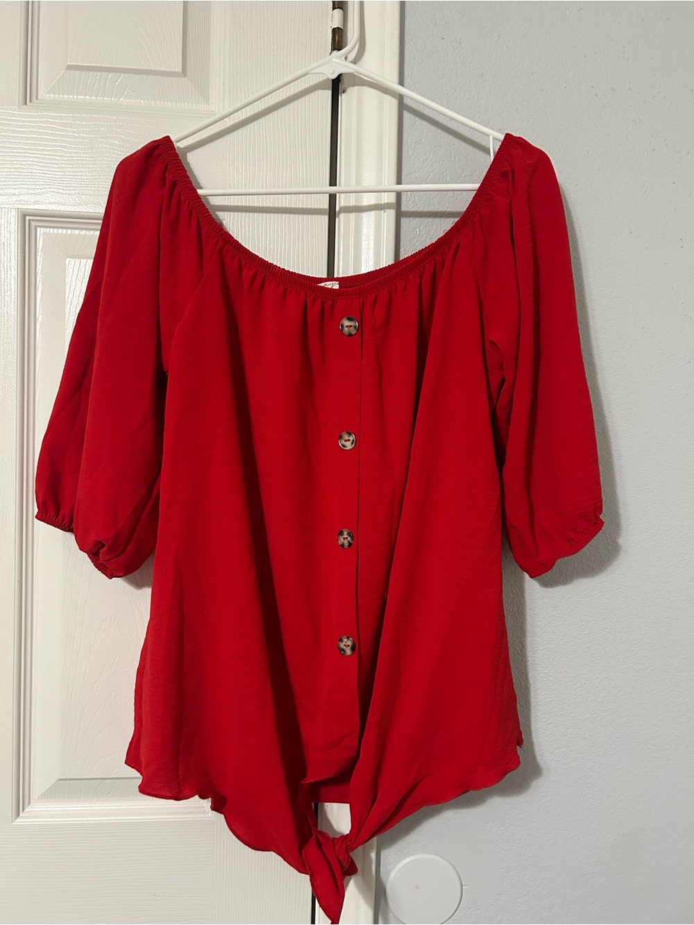 Bluebella Red Off-Shoulder Button-Front Tie Hem Blouse